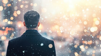 Fototapeta premium Man in a black coat standing in a snowy urban setting, gazing at colorful city lights in the background
