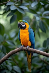 Fototapeta premium araffy blue and yellow parrot perched on a branch in a tree
