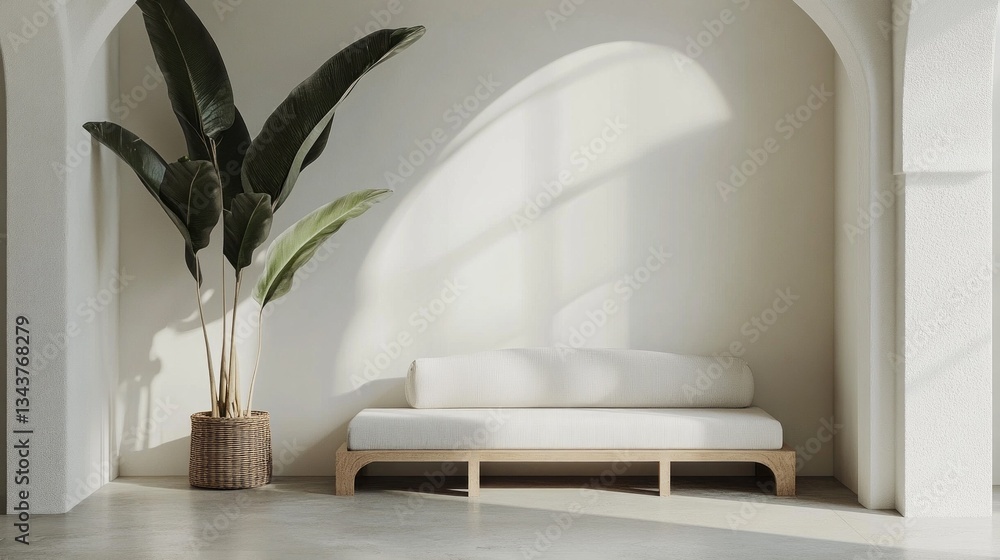 Poster A serene space showcases a comfortable sofa against a smooth wall, complemented by a tall, leafy plant. Soft sunlight filters through, creating gentle shadows and a calming atmosphere