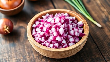 Red Onion Dice in Wooden Bowl on Table