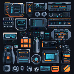 Collection of futuristic technology gadgets with digital interfa