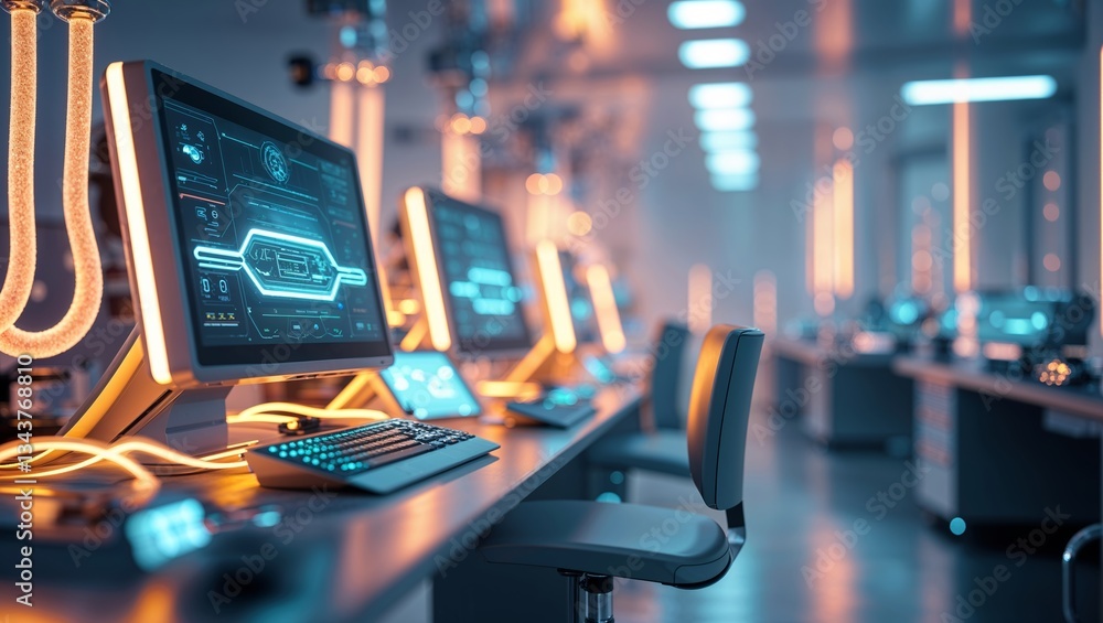 Poster high-tech workspace with glowing monitors and futuristic design in a modern office setting