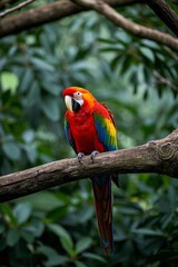 Obraz premium araffy red and yellow parrot perched on a branch in a forest