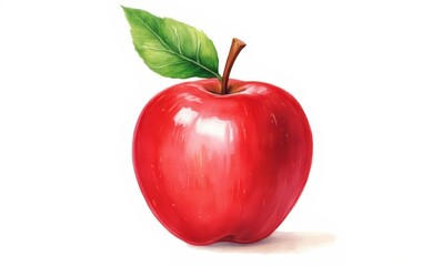 Vibrant red apple with green leaf