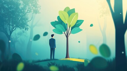 A man in a suit stands thoughtfully in a serene forest, gazing at a vibrant tree surrounded by floating leaves