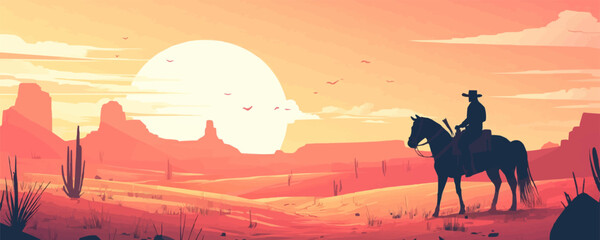 Silhouette of cowboy on horse in desert landscape at sunset