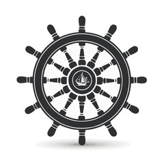 Obraz premium Vintage nautical ship steering wheel with sailboat design on whi