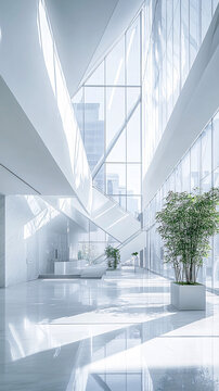 a bright white architectural lobby with high windows polished floor and green indoor plants in a calm open space
