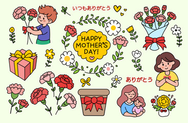 母の日のカーネーションとプレゼントボックスのイラスト