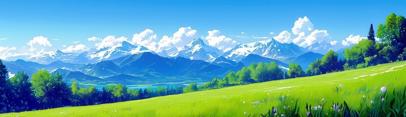 Serene Mountain Landscape with Lush Green Meadows and Clear Blue Sky, Snowcapped Peaks, and Fluffy White Clouds Under Brilliant Sunlight