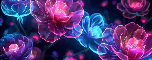 Vibrant neon flowers glowing with ethereal luminescence on dark