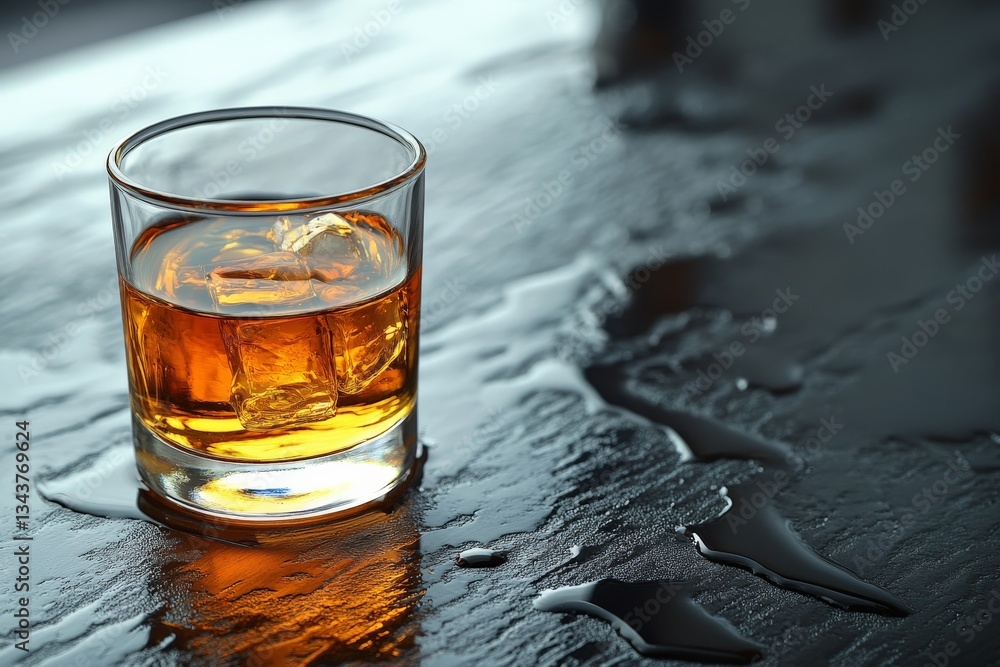 Poster golden whiskey served over ice on a wet bar top in a dimly lit setting during evening hours