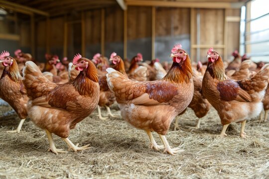 Chickens on a chicken farm grazing outdoors, domestic animal husbandry concept
