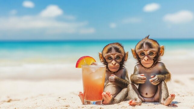 Two playful monkeys wearing sunglasses are relaxing on a sunny beach, sipping refreshing drinks and enjoying their vacation, with space for text