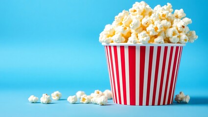 Popcorn in Striped Bucket Against a Blue Background