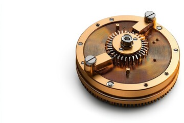 Detailed close-up of a brass mechanical gear, showcasing its intricate design and craftsmanship, perfect for industrial themes.