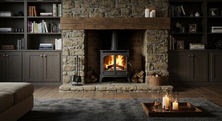 Cozy Fireplace with Stone Surround and Wooden Mantel in Living Room