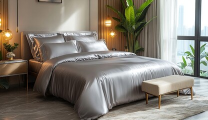 Serene Bedroom: Luxurious silver bedding set with comfortable pillows, creating a peaceful retreat. Cozy bench and plant enhance ambiance.