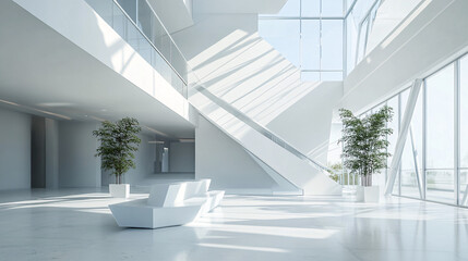 Obraz premium A bright modern open space with large glass windows white walls and minimal furniture enhanced by natural light and green plants 