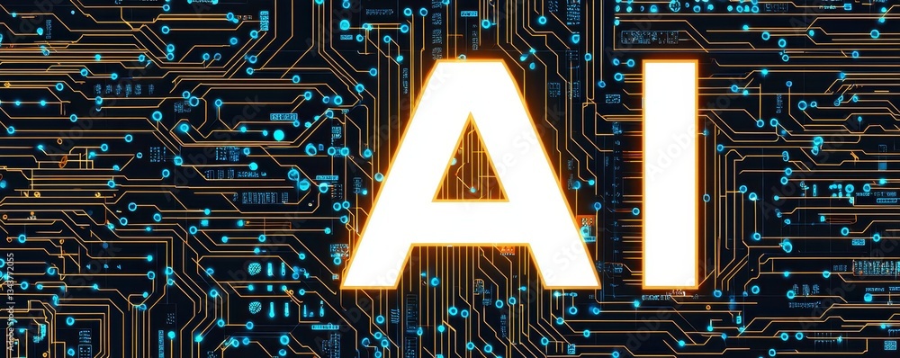 Poster futuristic ai concept illuminated letters on a circuit board background