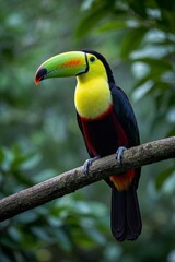 Naklejka premium brightly colored bird perched on a branch in a forest