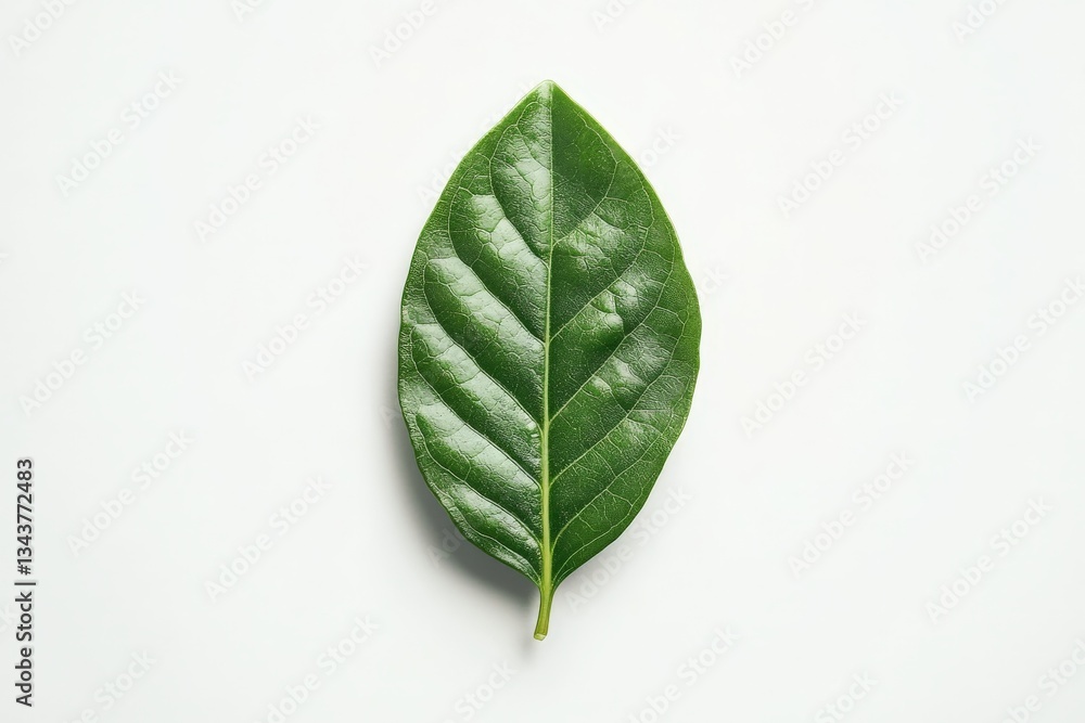 Poster green leaf resting on a white surface showcasing its detailed texture and natural color