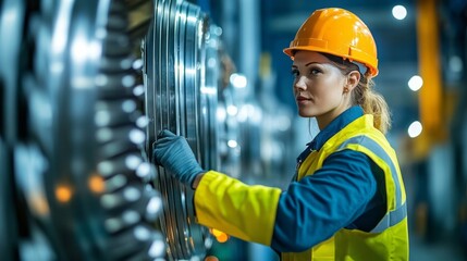 Female engineer inspecting a large metal turbine component carefully