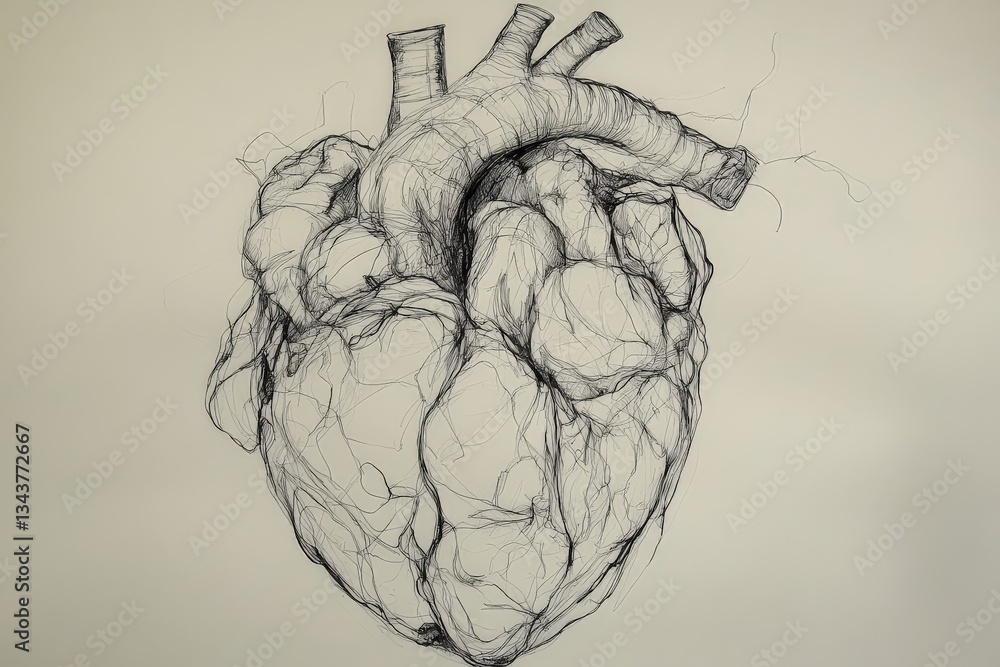 Poster Detailed sketch of a human heart highlighting its complex structure and forms in black ink on a plain background