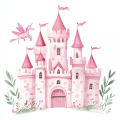 Fototapeta premium Watercolor Pink Castle Illustration with Flying Unicorn Fairytale Fantasy Children s Storybook Art