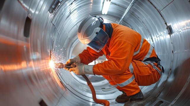 Forging Strength: Steel Worker Welding Massive Metal Structure in Dark Workshop Symbolizing Resilience in Industrial Labor