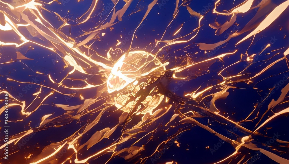Poster abstract visualization of energy swirling in vibrant hues of orange and blue, creating a dynamic and