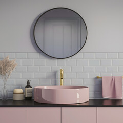 Bright bathroom with round mirror, modern washbasin and faucet and pastel d?cor. Modern bathroom d?cor concept