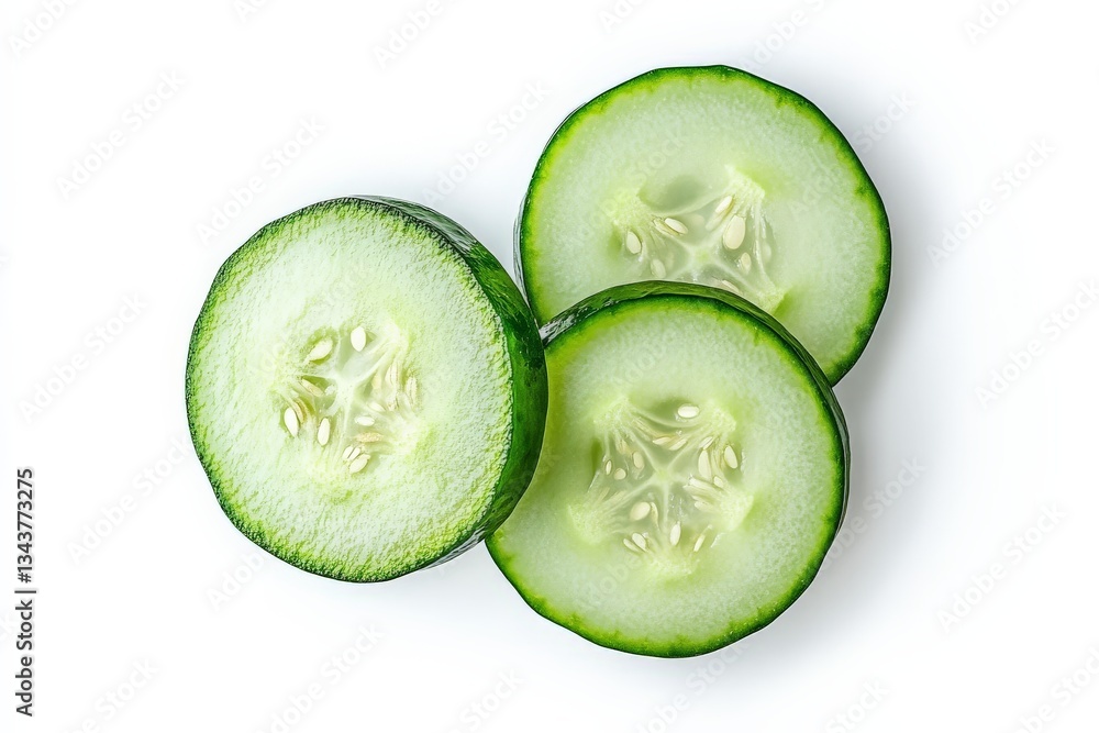 Poster Crisp cucumber slices arranged neatly in a pattern on light background showcasing fresh produce ideal for healthy meals