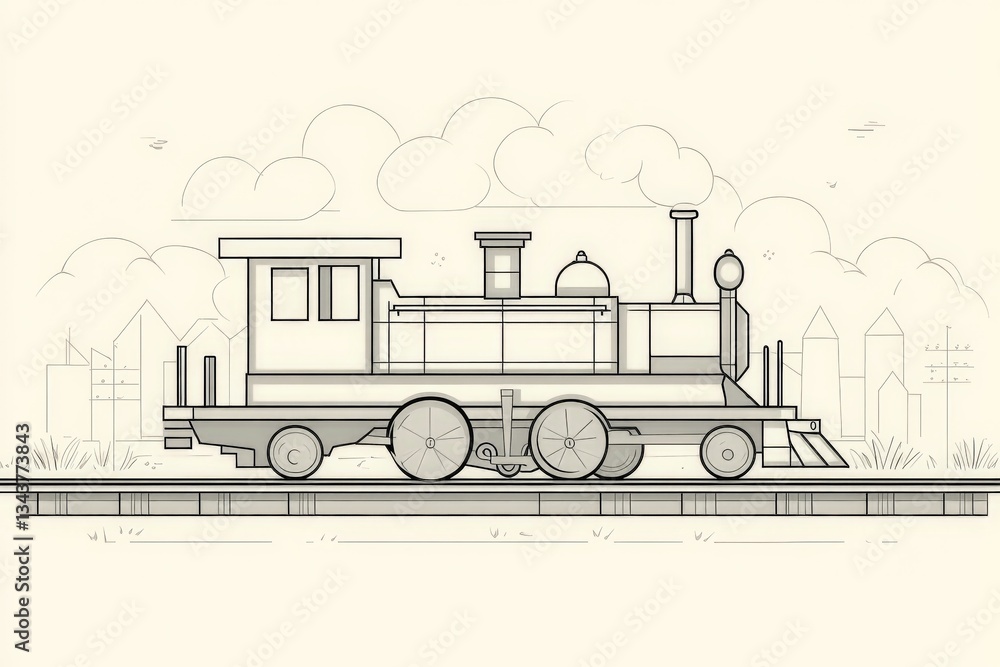Aufkleber vintage steam locomotive on a railway track with a simplistic design, surrounded by clouds and a cit