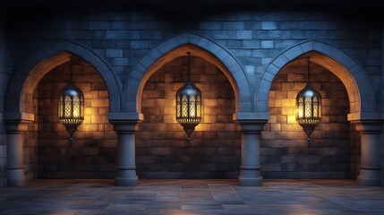 Obraz premium Three arched doorways illuminated by hanging lanterns with a brick wall background