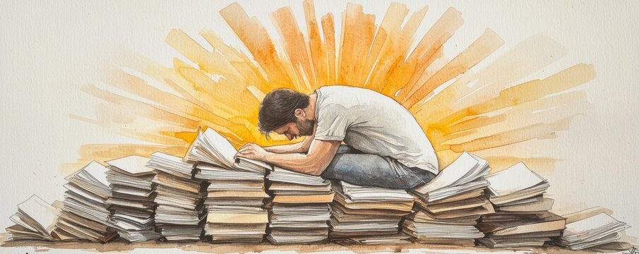 A young man sits atop a stack of books, deeply engrossed in reading, with a radiant sunrise in the background symbolizing knowledge and enlightenment.