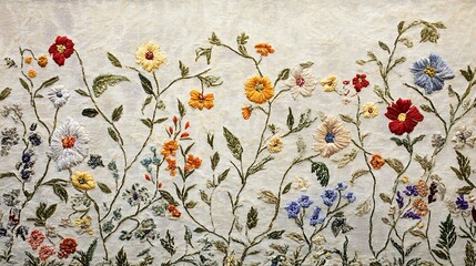 A flat-lay composition of an embroidered textile featuring intertwined wildflowers and leaves in a harmonious design