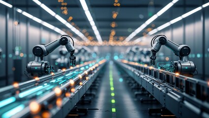 Advanced robotic arms operate on an assembly line in a modern manufacturing facility during daytime