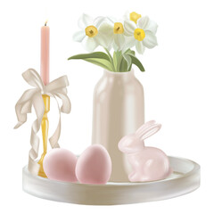 Elegant Easter Decor Composition - Pink Eggs, Bunny, and Daffodils