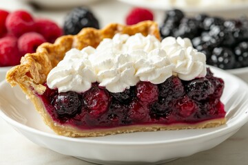 Delicious berry pie slice with whipped cream served on a white plate