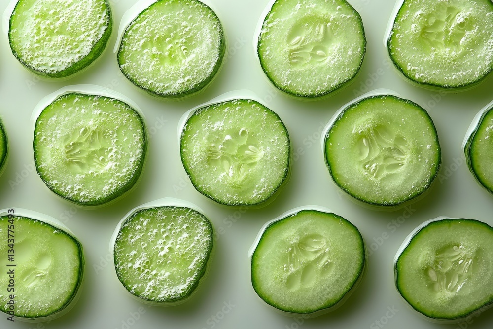 Poster Fresh cucumber slices arranged neatly on a clean surface with a vibrant green color and light reflections