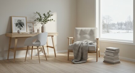 Cozy Home Interior with Desk Chair and Winter View Window