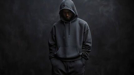 A man in a black hoodie is standing in front of a dark background