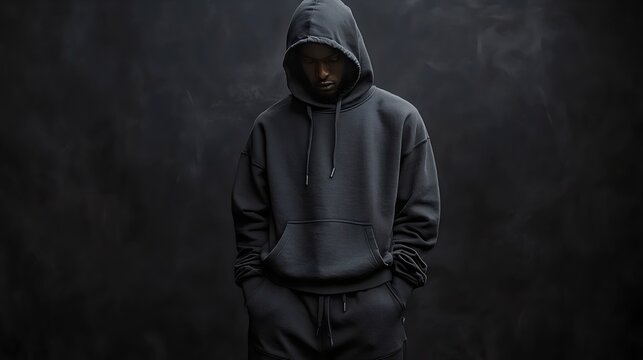 A man in a black hoodie is standing in front of a dark background