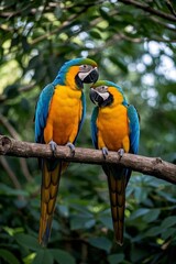 Obraz premium two colorful birds sitting on a branch in a tree