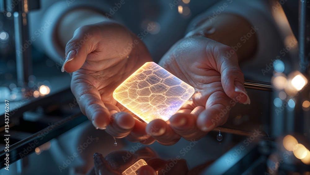 Poster hands holding a glowing, transparent square object with intricate patterns in a dark, illuminated en