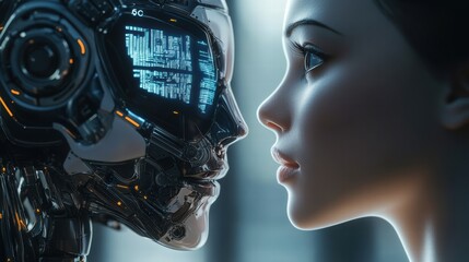 Fototapeta premium Robot with Digital Display Face Interacting with a Human