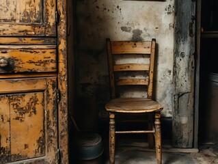 A weathered wooden chair stands in an aged textured room