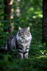 Obraz premium there is a cat that is walking through the grass in the woods