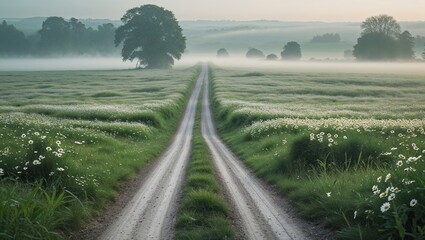 Fototapeta premium Dirt path winding through a vast daisy meadow, soft morning mist, wildflowers stretching into the horizon